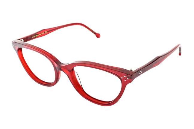Una montatura degli occhiali Philosopheyes di color rosso