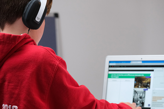 Un bambino sta seguendo le lezioni sul computer; la “DAD” (didattica a distanza) costringe gli alunni a guardare lo schermo per un periodo prolungato di tempo